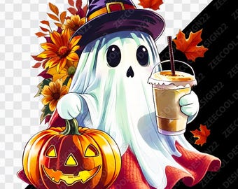 Cute Ghost Drinking Coffee PNG, Cute Flower Ghosts PNG, Cute ghost png, Halloween Floral png, Spooky Ghost png, Halloween png [ZC-01]