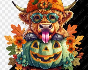 Halloween Highland Cow PNG, Highland Cow png,  Funny Fall Cow png, Retro Halloween png, Spooky Season png, Ghost Cow png [ZC-04]