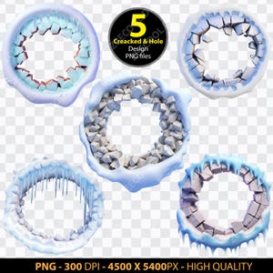May include: Five digital PNG files of cracked and hole ice frames. Each frame is a circle with a white, blue, and light blue color scheme. The frames are designed for use in digital projects.