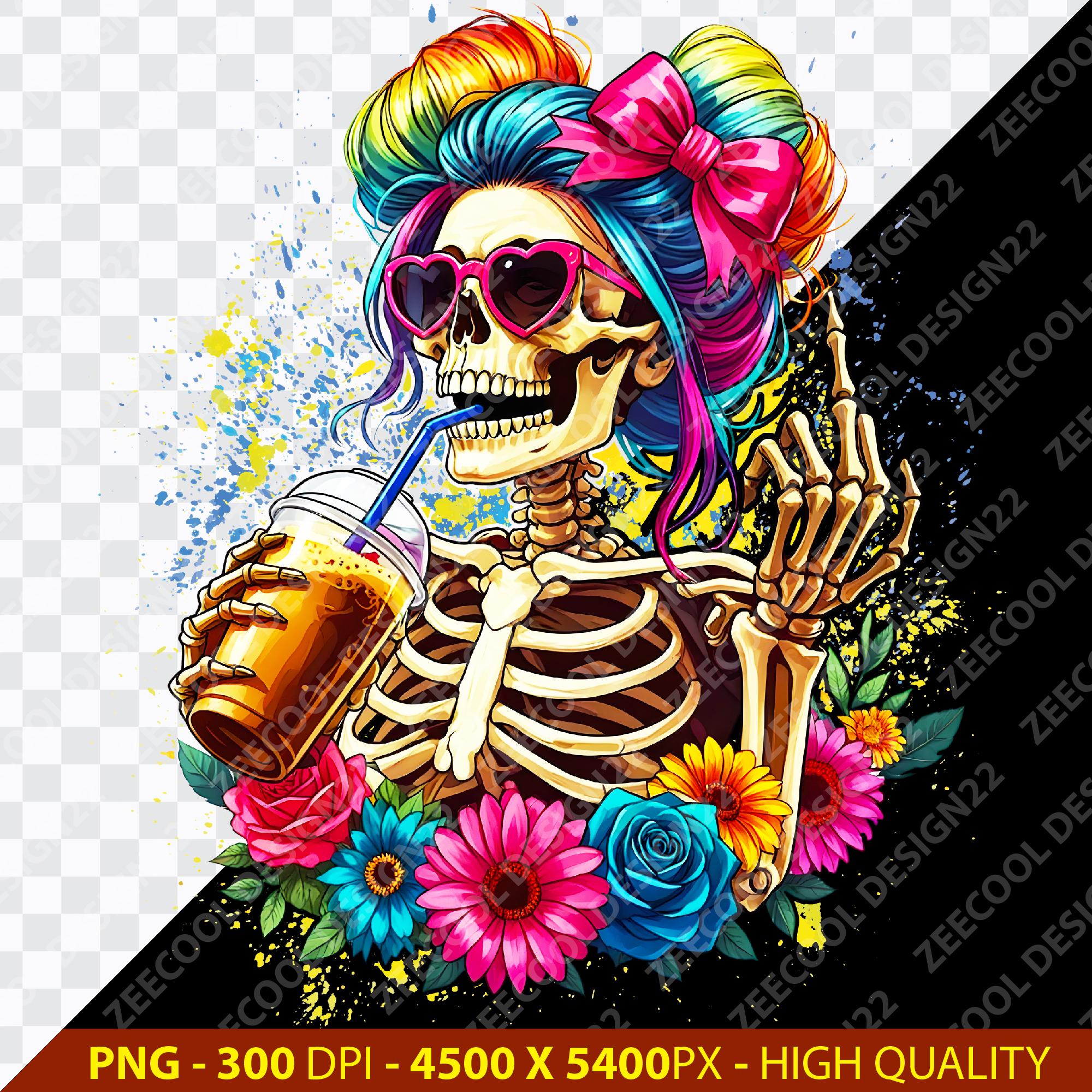 Girly Skulls Drinking Iced Coffee PNG, Skeleton Middle Finger PNG, Middle Finger png, Woman Skeleton png, Floral Skull png [ZC-108]