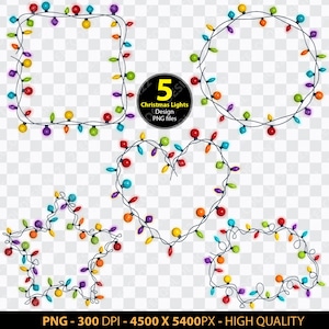 May include: Five different designs of colorful Christmas lights in the shape of a square, circle, heart, star, and another circle. The lights are on a transparent background.