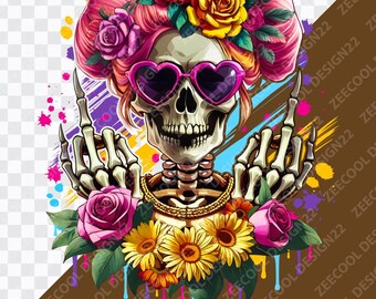 Skeleton Middle Finger PNG, Middle Finger png, Woman Skeleton png, Floral Skull png, Floral Skull Clipart, Watercolor Clipart [ZC-10]
