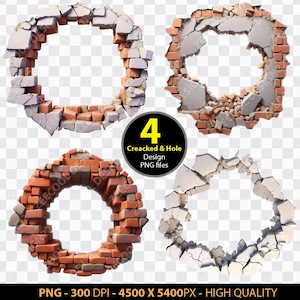 Puede incluir: Cuatro imágenes digitales de muros de ladrillo agrietados y rotos con agujeros en el centro. Las imágenes son de alta calidad y se pueden utilizar para proyectos de diseño.