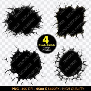 Puede incluir: Cuatro archivos PNG de diseño de grietas y agujeros en blanco y negro. Las grietas son irregulares y dentadas. Los agujeros son redondos y tienen un borde liso. El fondo es transparente.