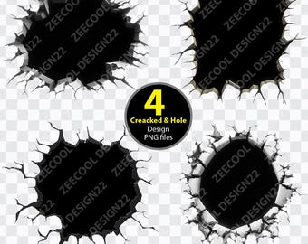 May include: Four black and white cracked and hole design PNG files. The cracks are jagged and irregular. The holes are round and have a smooth edge. The background is transparent.