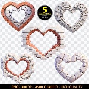 May include: Five digital illustrations of cracked and hole brick heart shapes. The hearts are in various stages of destruction, with some having large holes and others having smaller cracks. The hearts are all white with red brick accents.