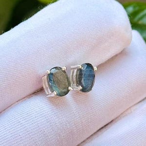 以下が含まれることがあります： 楕円形の青緑色の宝石スタッドピアス一組。銀色の台座にセットされています。白い表面に展示されており、背景には緑の葉があります。宝石はかすかに輝き、銀色の台座はシンプルです。