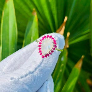 Pear Moonstone Halo Ring Teardrop Sterling Silver Pink Ruby Statement Fine Jewelry Boho Gift Her
