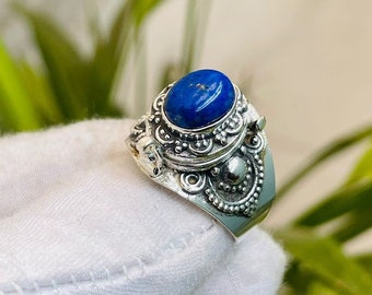 Vintage Poison Ring|Natural Moss Sapphire,Poison Ring|Secret Compartment|Boho Hippie|925 Sterling Silver Plated|Halloween Day Gift,Pill Ring