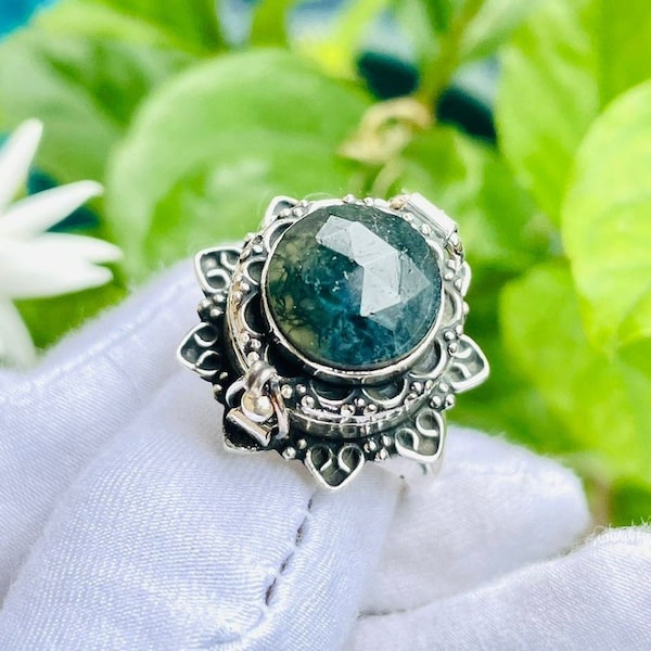 Bague empoisonnée vintage|Agate mousse naturelle, bague empoisonnée|Compartiment secret| Bohème hippie|Plaqué argent sterling 925| Cadeau d'Halloween, anneau pour pilules