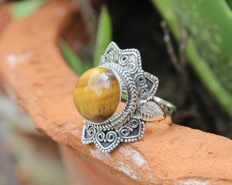 Valentine Day Special, Natural Tiger eye Ring, 925 Sterling Silver Plated Handmade Ring, Handcraft Ring, Halloween gift, Flower ring