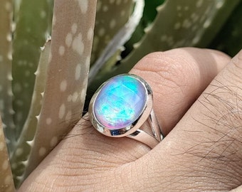 Aurora Opal Doublet Quartz Ring, 925 Sterling Silver Plated Handmade Ring, Rainbow Poison Ring,