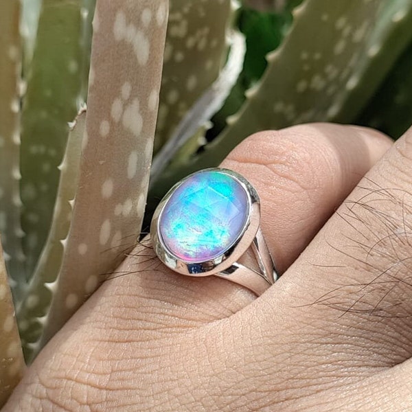 Aurora Opal Doublet Quartz Ring, 925 Sterling Silver Plated Handmade Ring, Rainbow Poison Ring,
