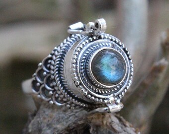 Mother day gift, Natural Labradorite Ring, 925 Sterling Silver Plated Handmade Ring, Openable Poison Ring, Poison ring