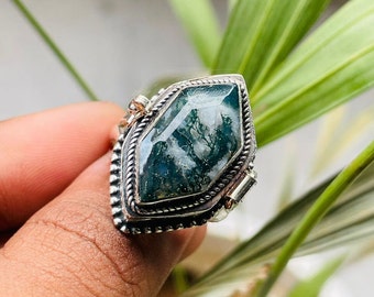 Vintage Poison Ring|Natural Moss Agate|Snuff Ring|Poison Ring|Secret Compartment|Boho Hippie|925 Sterling Silver Plated|Fancy Design Ring