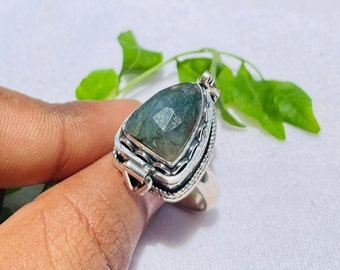 Vintage Poison Ring|Natural Moss Agate|Snuff Ring|Poison Ring|Secret Compartment|Boho Hippie|925 Sterling Silver Plated|Fancy Design Ring