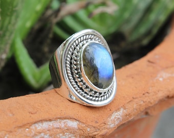 Natural Labradorite Ring, 925 Sterling Silver Plated, Handmade Ring, Halloween Special, Statement Ring.