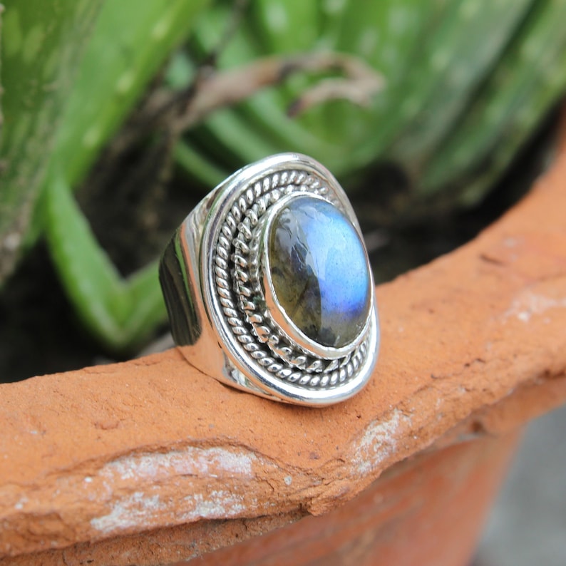 Natural Labradorite Ring, 925 Sterling Silver Plated, Handmade Ring, Halloween Special, Statement Ring. image 1