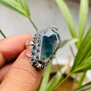 Vintage Coffin Poison Ring|Natural Moss Agate|Snuff Ring|Poison Ring|Secret Compartment|Boho Hippie|925 Sterling Silver Plated|