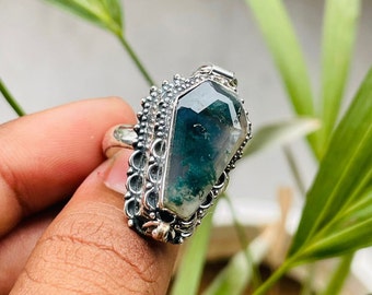 Vintage Coffin Poison Ring|Natural Moss Agate|Snuff Ring|Poison Ring|Secret Compartment|Boho Hippie|925 Sterling Silver Plated|