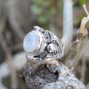 Mother day gift, Natural Moonstone Ring, 925 Sterling Silver Plated Handmade Ring, Openable Poison Ring, Poison ring image 1