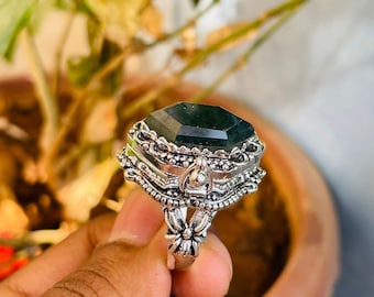 Vintage Poison Ring|Natural Moss Agate|Snuff Ring|Poison Ring|Secret Compartment|Boho Hippie|925 Sterling Silver Plated|Fancy Design Ring