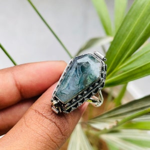 Vintage Coffin Poison Ring|Natural Moss Agate|Snuff Ring|Poison Ring|Secret Compartment|Boho Hippie|925 Sterling Silver Plated|