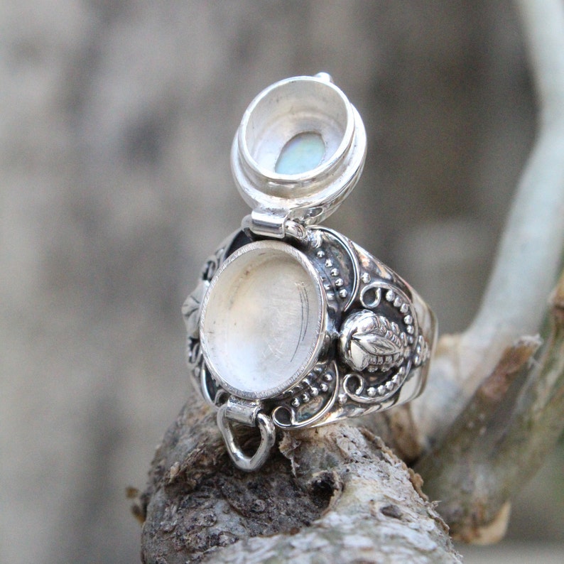 Mother day gift, Natural Moonstone Ring, 925 Sterling Silver Plated Handmade Ring, Openable Poison Ring, Poison ring image 5
