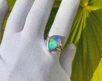 Aurora Opal Ring: Handmade 925 Sterling Silver Dainty Statement Ringy for New Year Gift