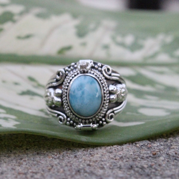 Mother day gift, Natural Larimar Ring, 925 Sterling Silver Plated Handmade Ring, Openable Poison Ring, Poison ring