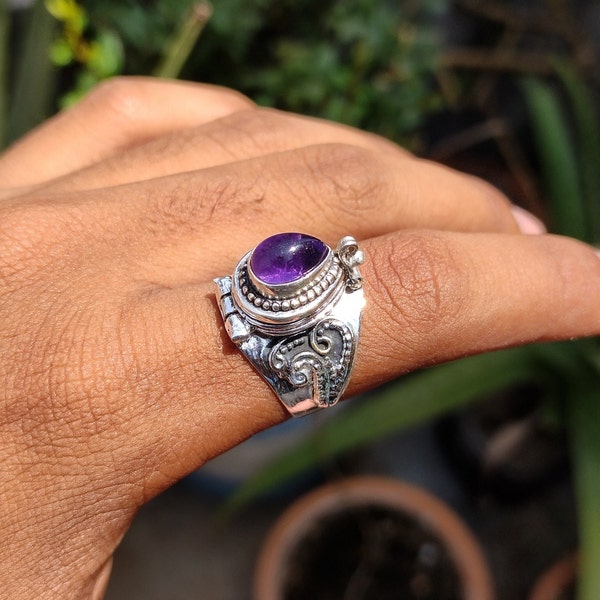 Mother day gift, Amethyst Gemstone Poison Ring, Handmade Openable Medicine Ring, 925 Sterling Silver Plated, Pill Ring, Poison ring,