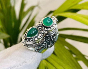 Belle bague empoisonnée à double pince avec plaqué argent 925 et pierre précieuse d'onyx vert naturel pour femme, fille et bague de tenue de fête