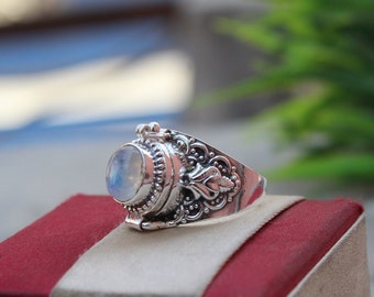 Christmas gift, Natural Moonstone Ring, 925 Sterling Silver Plated Handmade Ring, Openable Poison Ring, Poison ring