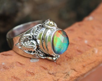Aurora Opal Doublet Quartz Ring, 925 Sterling Silver Plated Handmade Ring, Openable Poison Ring, Poison ring|Mother Day Gift Ring|