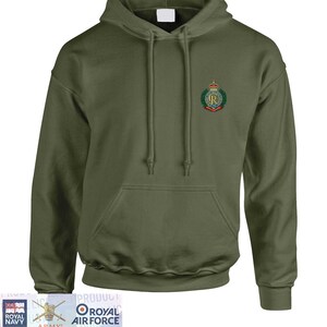 May include: A green hooded sweatshirt with a royal crest embroidered on the left chest. The crest features a crown, a letter "R", and a wreath of leaves. The sweatshirt is an official licensed product.