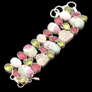 Ruby Fuchsite Moonstone Garnet Peridot Gemstone Cluster Bracelet Sterling Silver Handmade Bracelet Jewelry