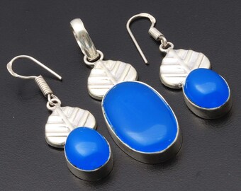 Chalcedon Edelstein handgemachte Sterling versilbert Anhänger Ohrringe Set versilbertMS636