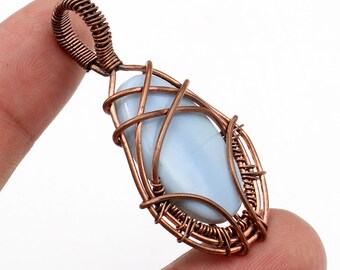 Owyhee Blue Opal Pendant Copper Wire Wrapped Pendant, Owyhee Blue Opal Gemstone Jewelry, Antique Style, Best Gift For Her Handmade AA 449