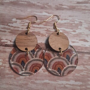 Boho printed acrylic and walnut connector earrings with hypoallergenic stainless steel hooks