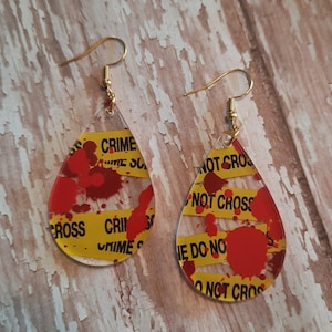 Crime scene printed acrylic earrings. Hypoallergenic stainless steel hooks