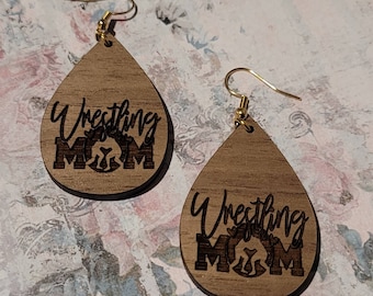 Laser engraved wrestling mom walnut teardrop dangle earrings. Hypoallergenic 304 grade stainless steel hooks