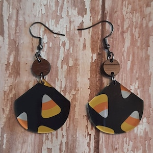 Candy corn printed acrylic and walnut connector earrings with hypoallergenic stainless steel hooks