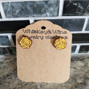 Laser engraved cherry wood rose earrings on posts