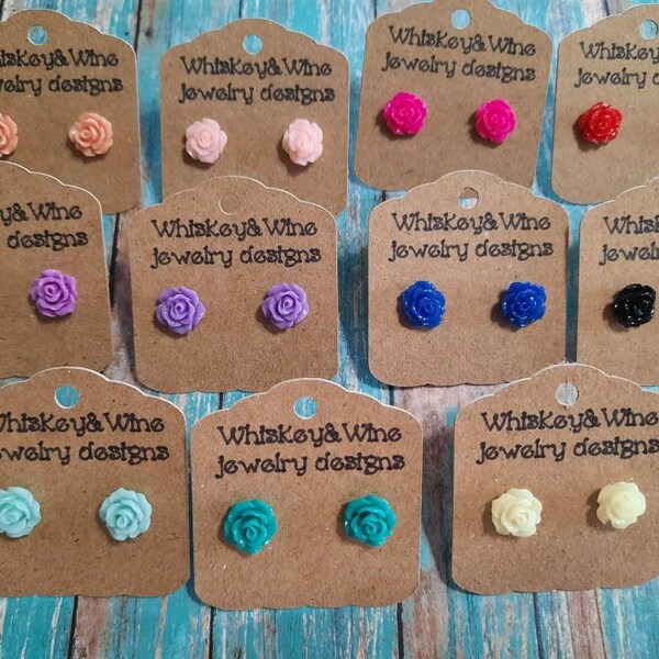 Resin rose stud earrings on stainless steel posts.  1 available per color