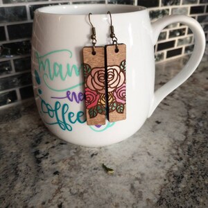Laser engraved, hand stained & painted, rose wood bar earrings