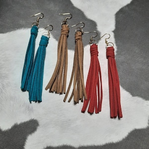 Faux suede fringe earrings. Hypoallergenic stainless steel hooks.  Turquoise, light brown, and red.