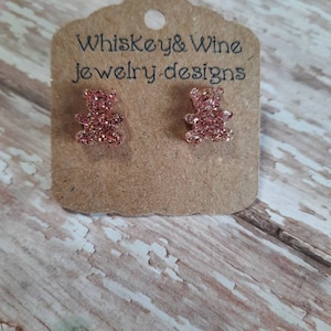 Pink glitter teddy bear resin/acrylic stud earrings on stainless steel posts