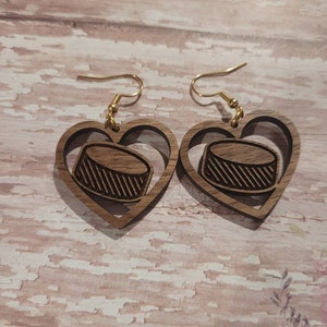 Laser engraved walnut hockey earrings, hypoallergenic 304 grade stainless steel hooks