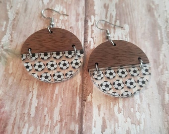 Printed soccer ball acrylic early with a walnut connector.  Hypoallergenic stainless steel hooks
