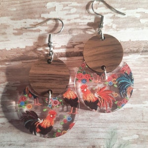 Rooster printed acrylic and walnut connector earrings.  Hypoallergenic stainless steel hooks